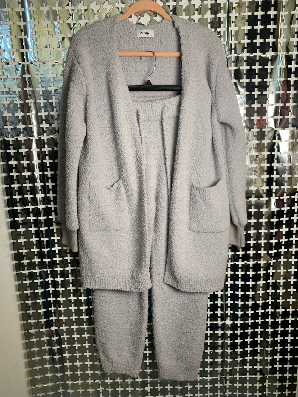 Pleshy Cozy Plush Open-Front Cardigan in Light Gray